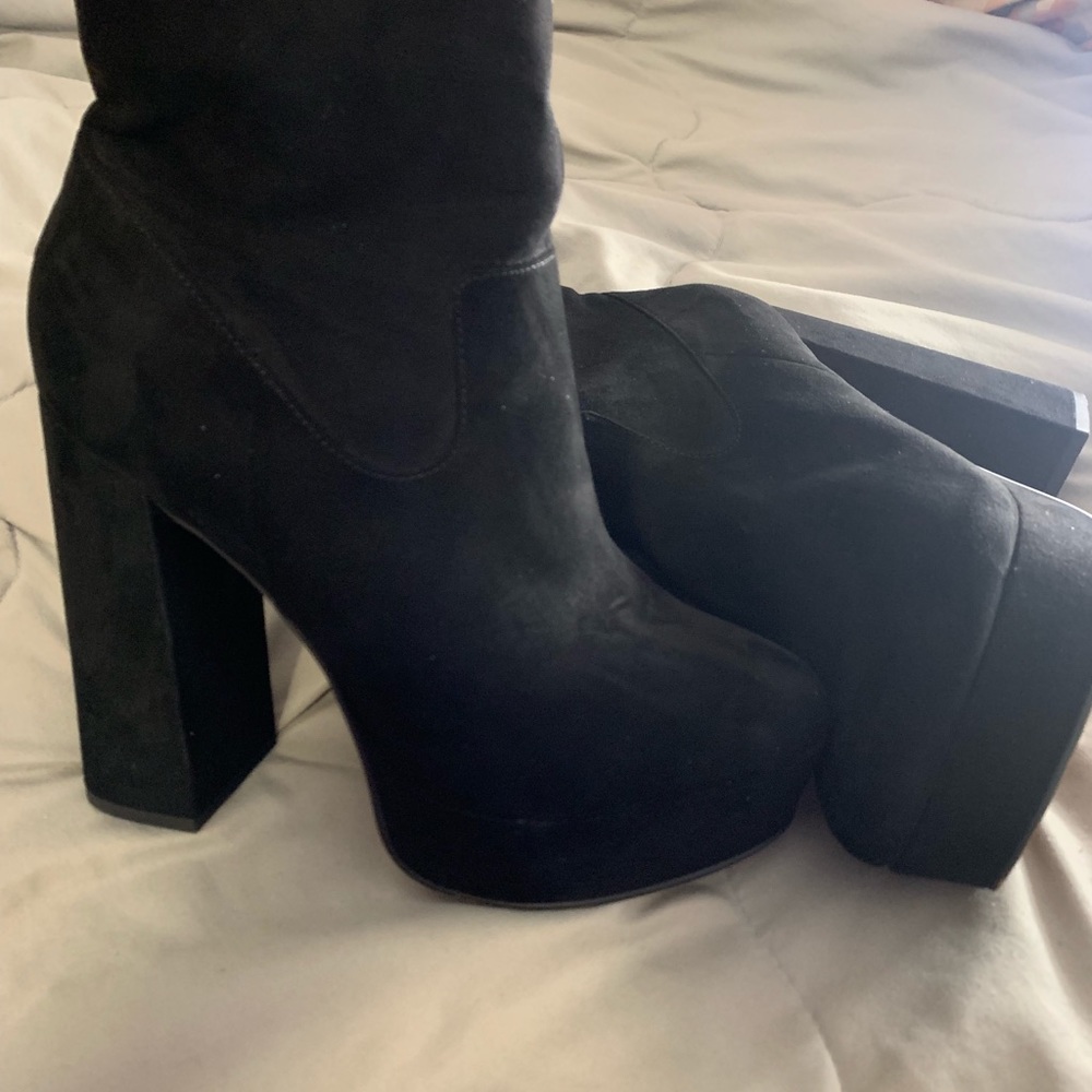 Black suede platform heels